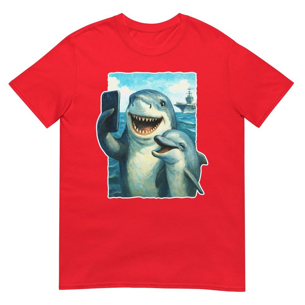 Funny Shark And Dolphin Taking Selfie With Aircraft Carrier Tshirt S