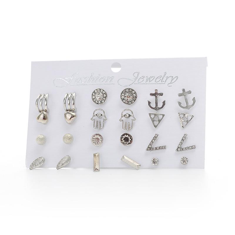 Trendy European & American 12-Pair Geometric Stud Earrings Set