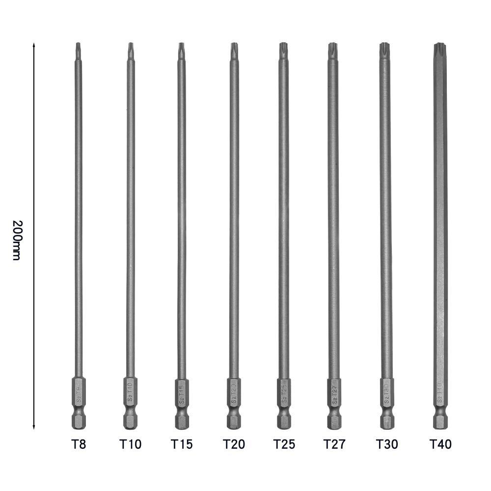 8PCS 1/4 Inch Torx Screwdriver Bit Set T8-T40 100mm 150mm 200mm Bit Power Tool Parts Electric Hexagonal Bit Wrench Use