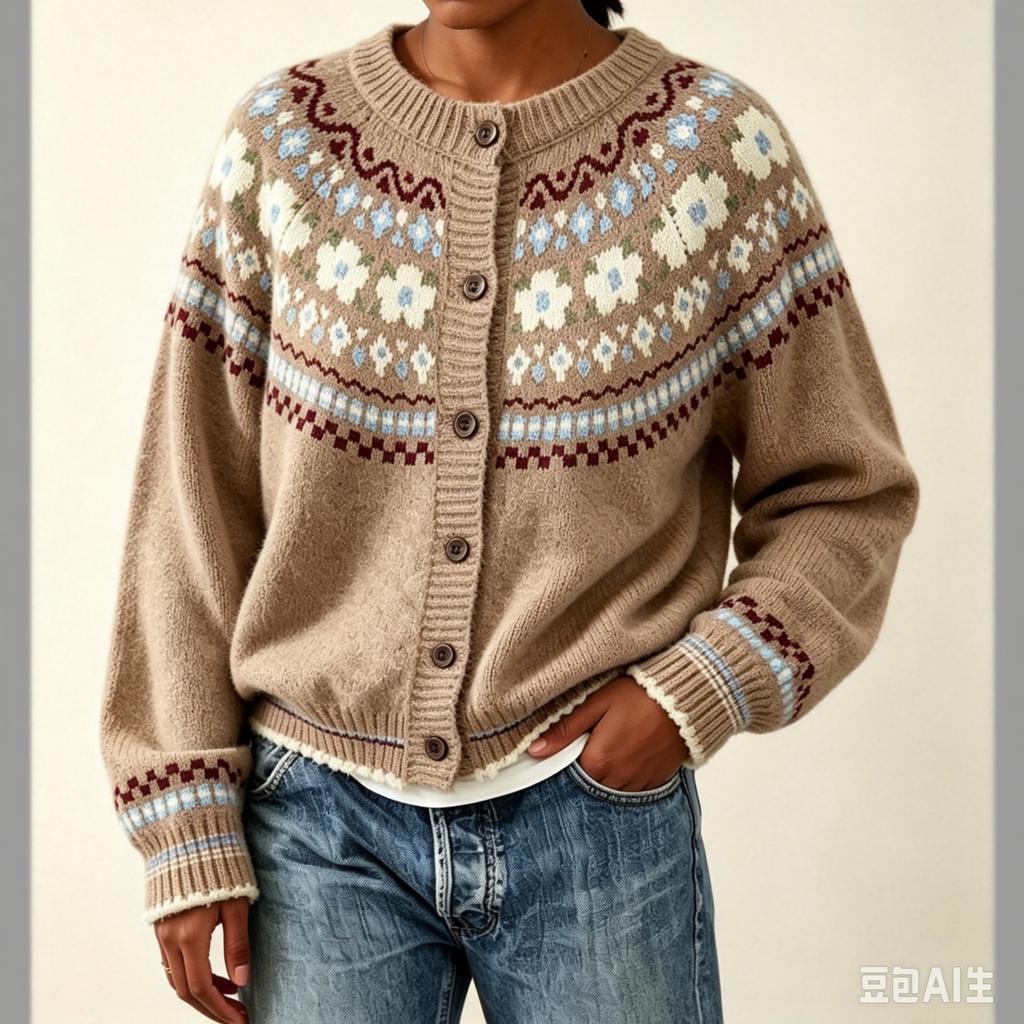 Cardigan a maglia da donna, Collo ampio, Blocco di colore, Fiocco di neve, Bottone