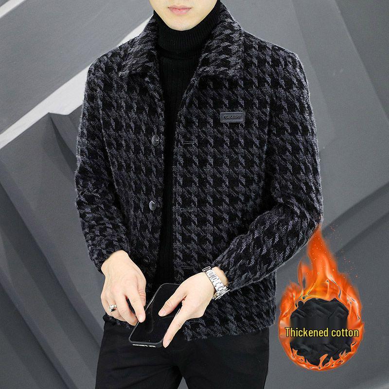 2025 Autumn/Winter Men's Trendy Fleece-Lined Plaid Wool Jacket