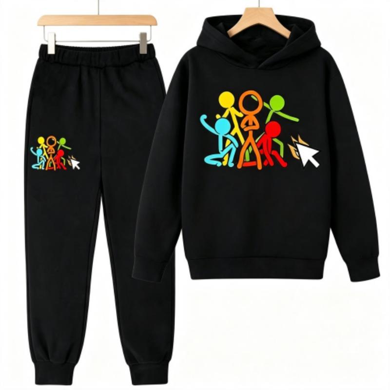 Creative Character Actions Print Kids Pullovers Pants 2-piece Set Street Casual Fashion Hoodies Vintage Boy's Girl Clothes