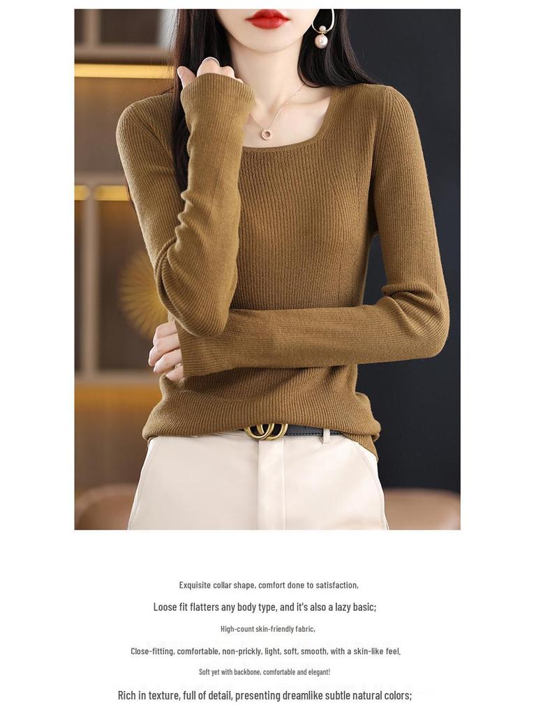 2025 Slim Fit Women's Square Neck 100% Wool Sweater - Thin U-neck Base Layer Top