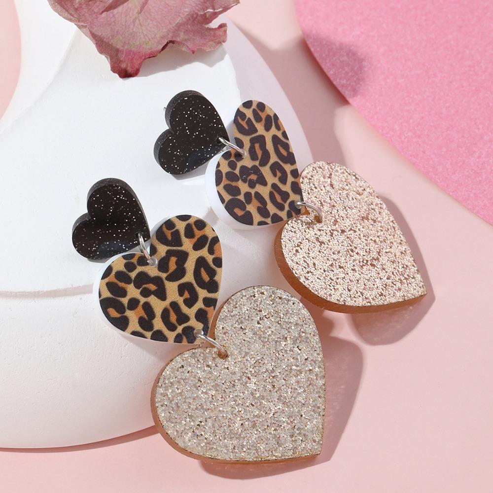 Sexy Süß Glitzerpuder Rosa Leopardenmuster Herzförmiger Acryl-Anhänger Hängende Ohrringe für Damen Weihnachten Designer Schmuck