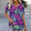 Casual Versatile Plant Pattern Short Sleeve V-Neck T-Shirts Women’s