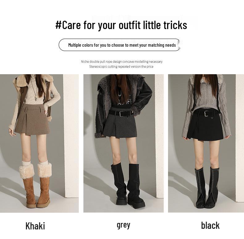 Spicy Girl Fashion Wool Plaid Skirt Shorts with Belt: Women's Autumn/Winter Anti-Exposure Design