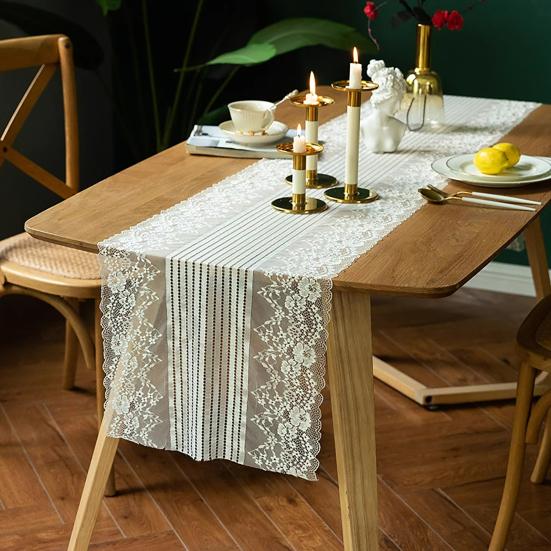 White Lace Table Runner, French Pastoral Style Table Runner, Lace Table Decor with Floral Embroidery for Wedding Party Dining Table Decor