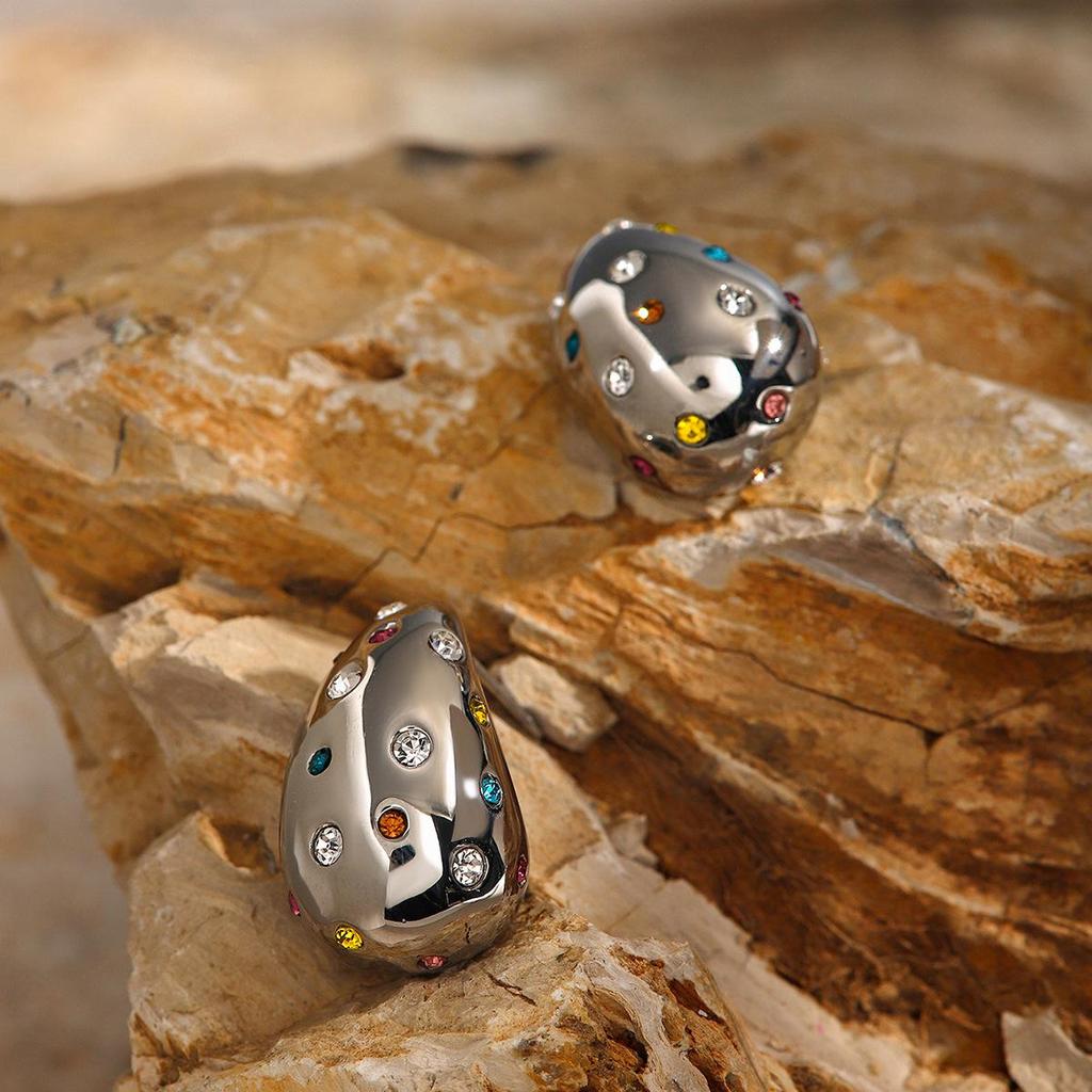 2024 Summer Women's Colorful Rhinestone Teardrop Stud Earrings - Stainless Steel, Niche Design