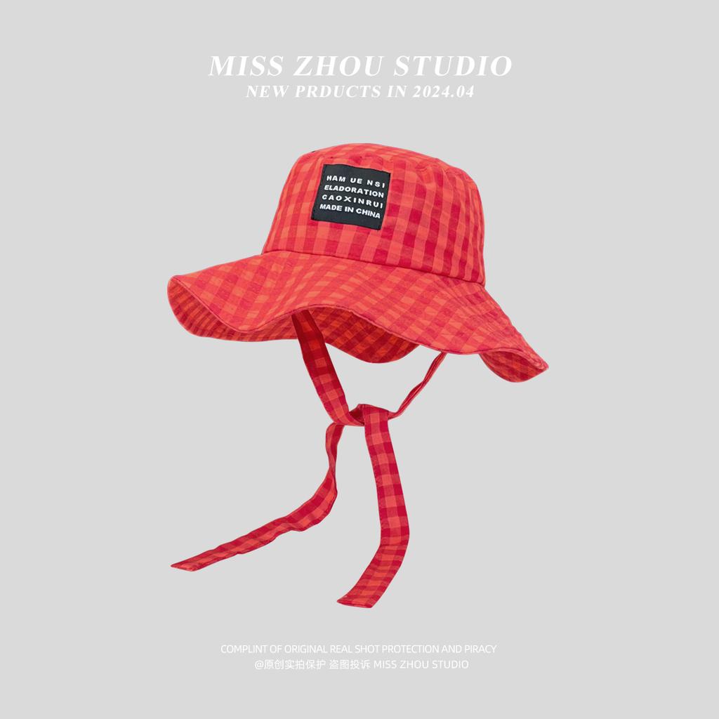 Plaid tied sunshade bucket hat women's idyllic big eaves foldable sunscreen sun hat summer