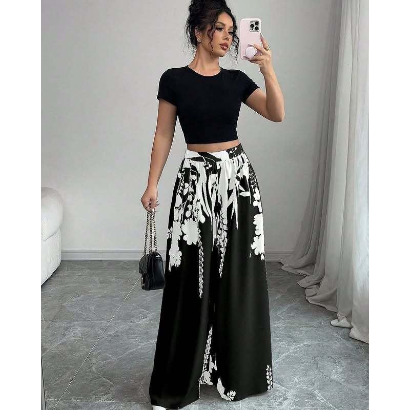 2026 Spring/Summer Women's Fashion Black and White Printed Slimming Casual Wide-Leg Pants