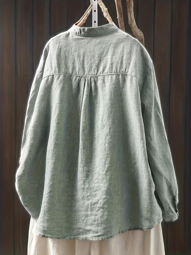 Autumn 2025 Casual Retro Linen Stand Collar Cardigan Shirt