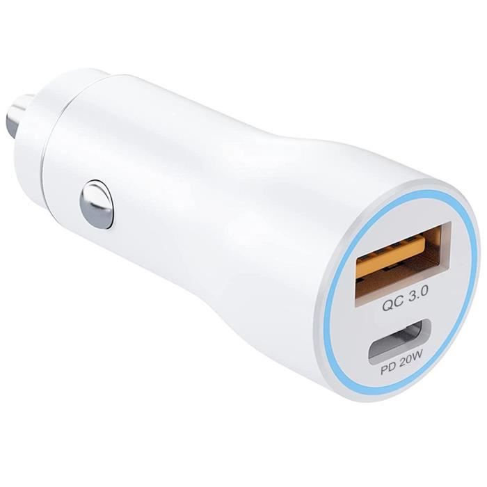Chargeur de Voiture Rapide 38W Allume-cigare 2 Port - PD 20W + QC 3.0 Charge Rapide - Blanc