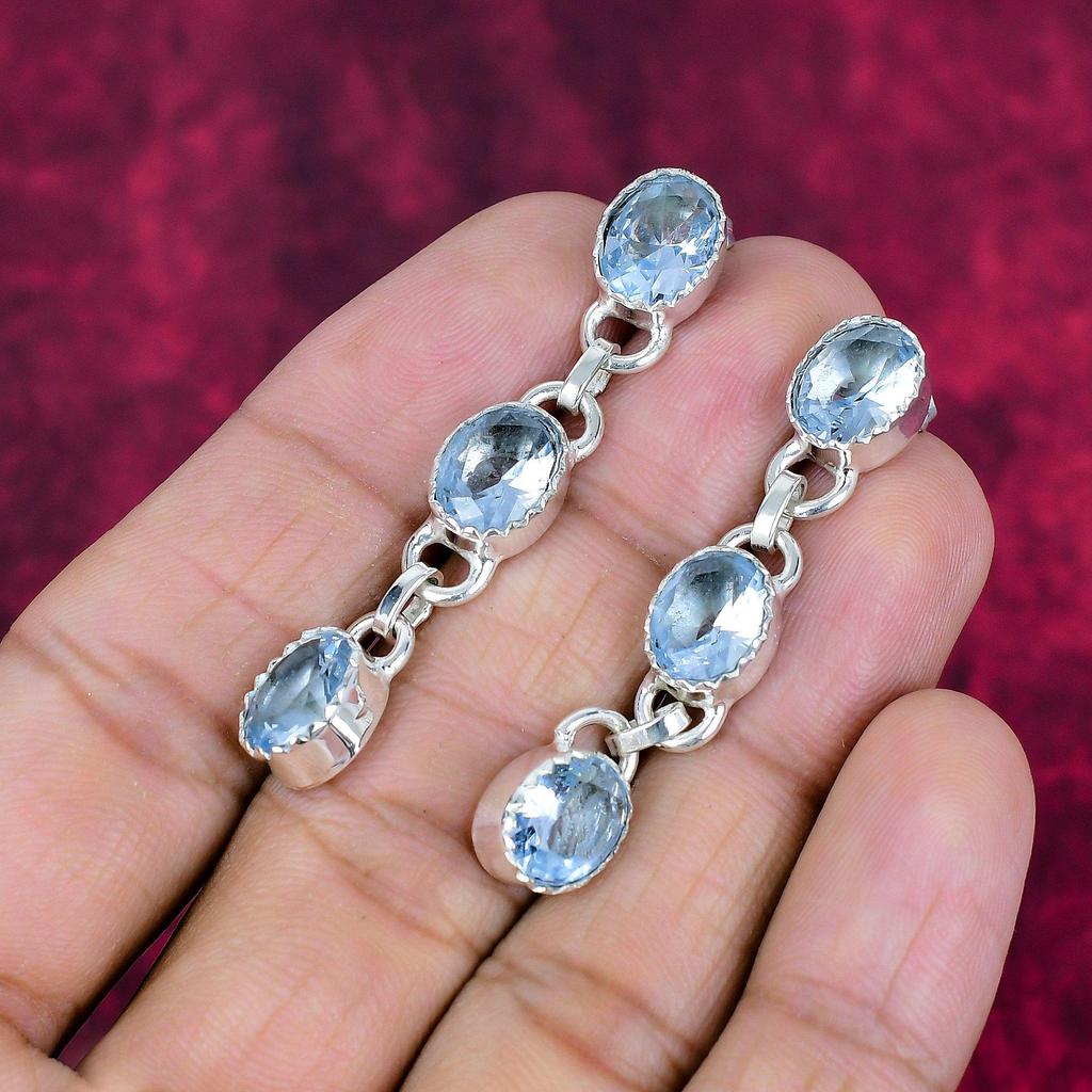 Blue Topaz Earrings, 925 Solid Sterling Silver Gemstone Jewelry, Handmade Earrings, For Thanksgiving