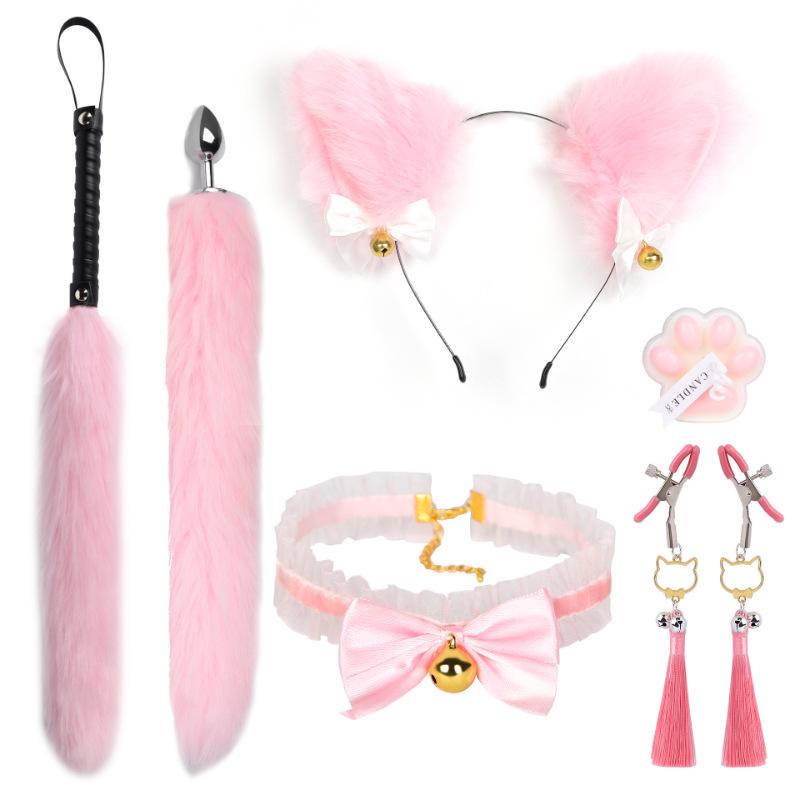 Cat Tail Bell Headband, Anal Plug, Nipple Clamps Flirting Set
