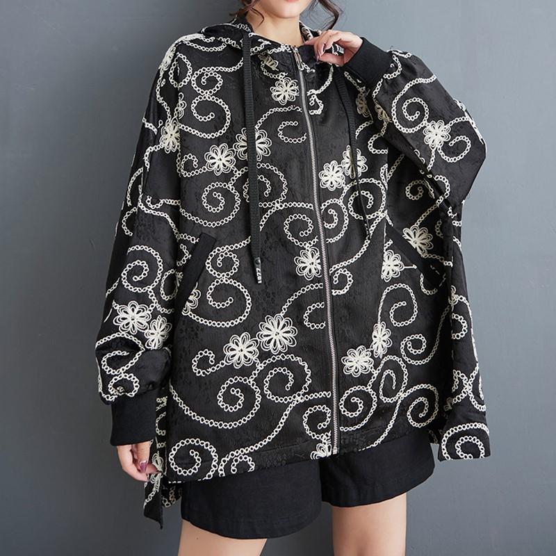 Langarm plus Größe schwarz mit Kapuze Vintage Blumen lässig lose Herbst Frühling Jacke Mantel Frauen Tops