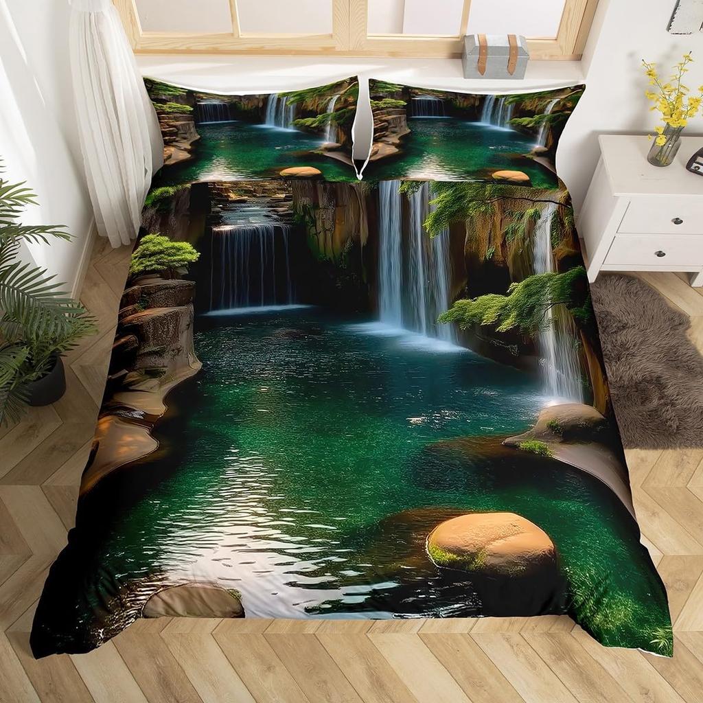 Comforter Natural Landscape Single Twin King Waterfall Bedding Set Polyester Mountains River Comforter For Boys Girl