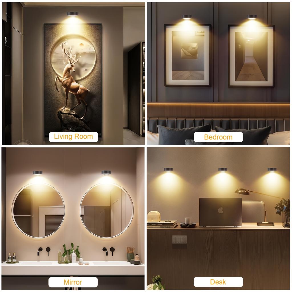 Modern RGB LED Wall Sconce Battery Operated No Wire Puck Lights with Remote Timer Dimmable Art Picture Light for Cabinet 3/6pcs