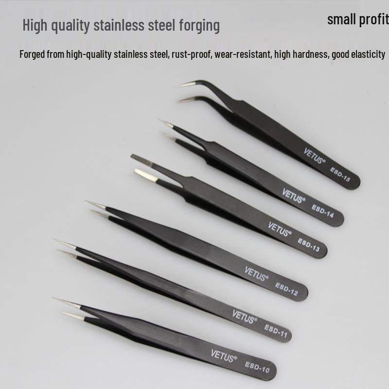 ESD Anti-static Stainless Steel Tweezers: High Precision Pointed, Straight, Round, Bent Head for DIY Electronic Accessories.