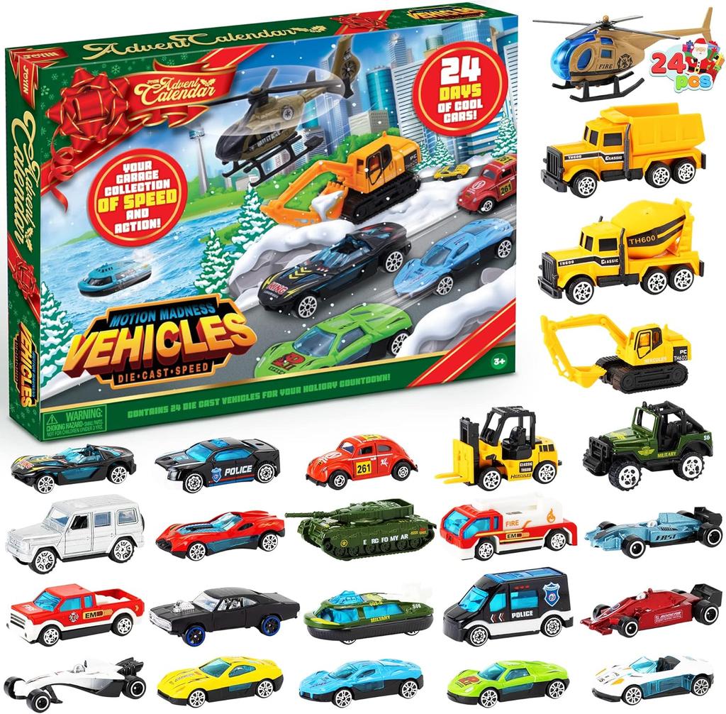 JOYFY  Christmas Advent Calendar 24 Days Countdown Calendar Diecast Cars Set Christmas Vehicles Toys for Boys Kids Xmas Gift