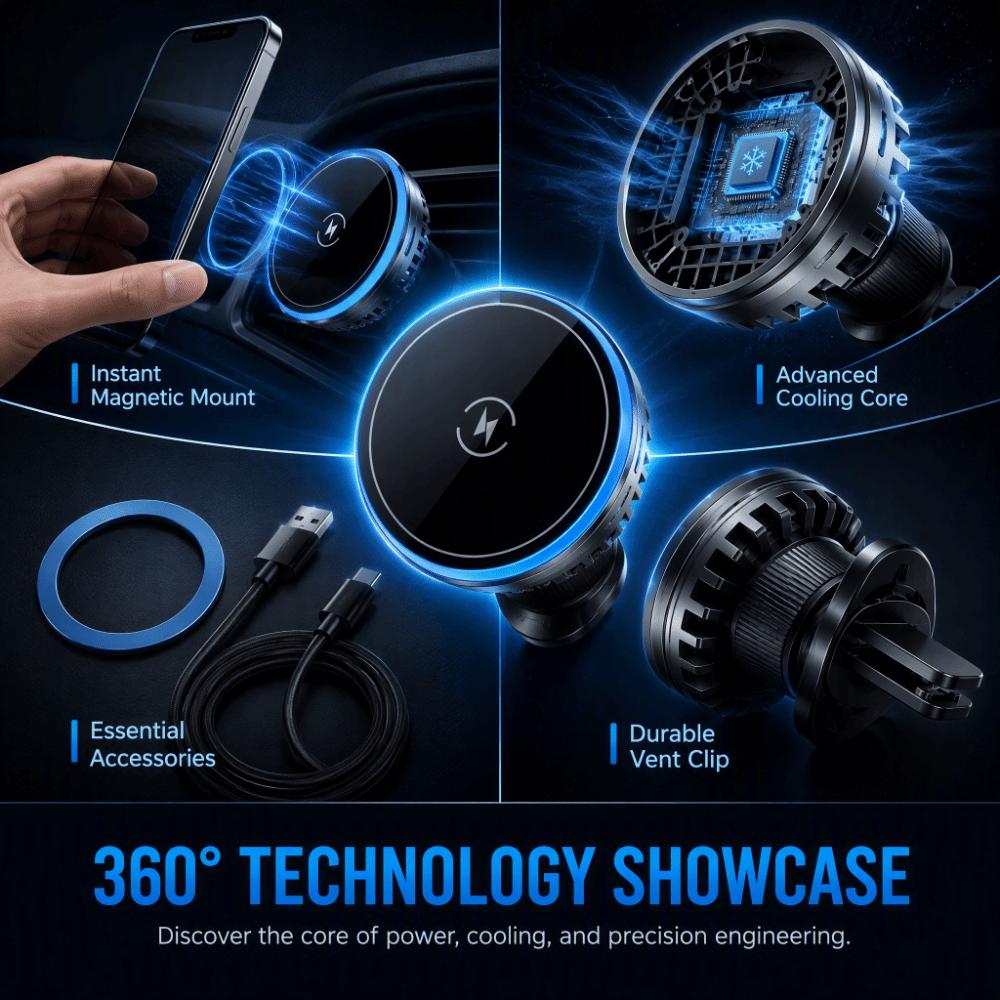 15W Fast Charging Magnetic Wireless Charger Magnetic Cooling Car Phone Mount Vehicles Use
