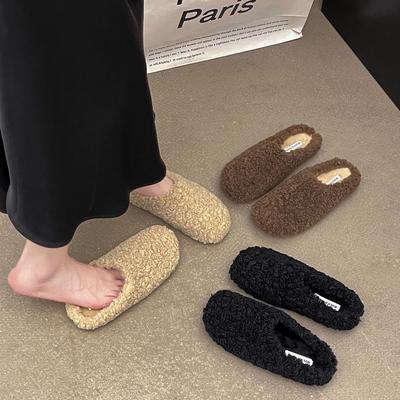 Internet Celebrities Popular Girls Casual Bag Head Cotton Shoes Autumn and Winter Wear Lazy Slippers Foreign Style Versatile Flat Bottom Fluffy S