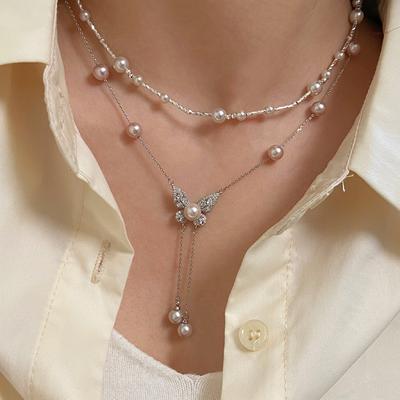 Bead Butterfly Tassel Necklace Light Luxury High Sense Stacking Wear Long Thin Collarbone Chain Necklace
