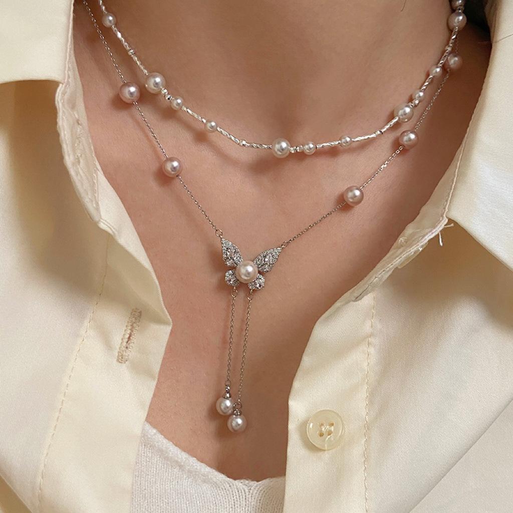 Bead Butterfly Tassel Necklace Light Luxury High Sense Stacking Wear Long Thin Collarbone Chain Necklace