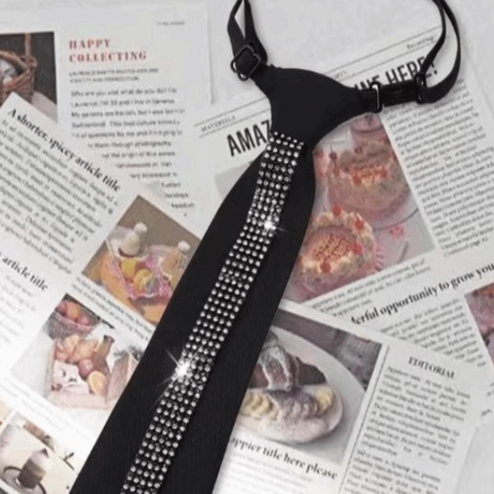 Black Lazy Rhinestone Neck Tie Flexible Pre Tied Neck Tie Business Adjustable Neck Tie Festive
