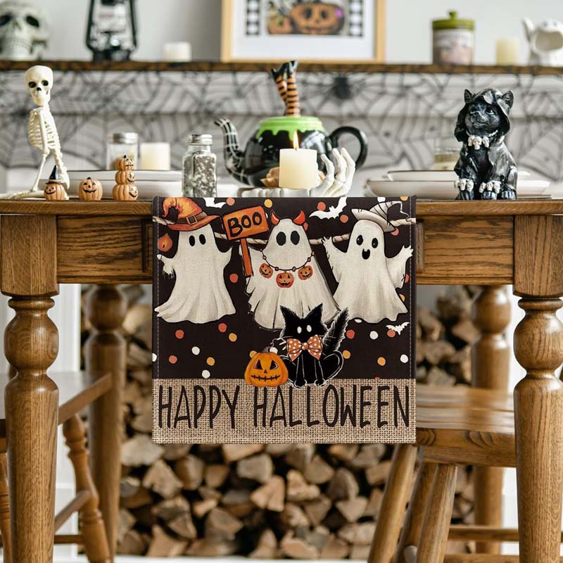 Halloween Table Runner Pumpkin Ghost Pattern Linen Washable Horror Tablecloth