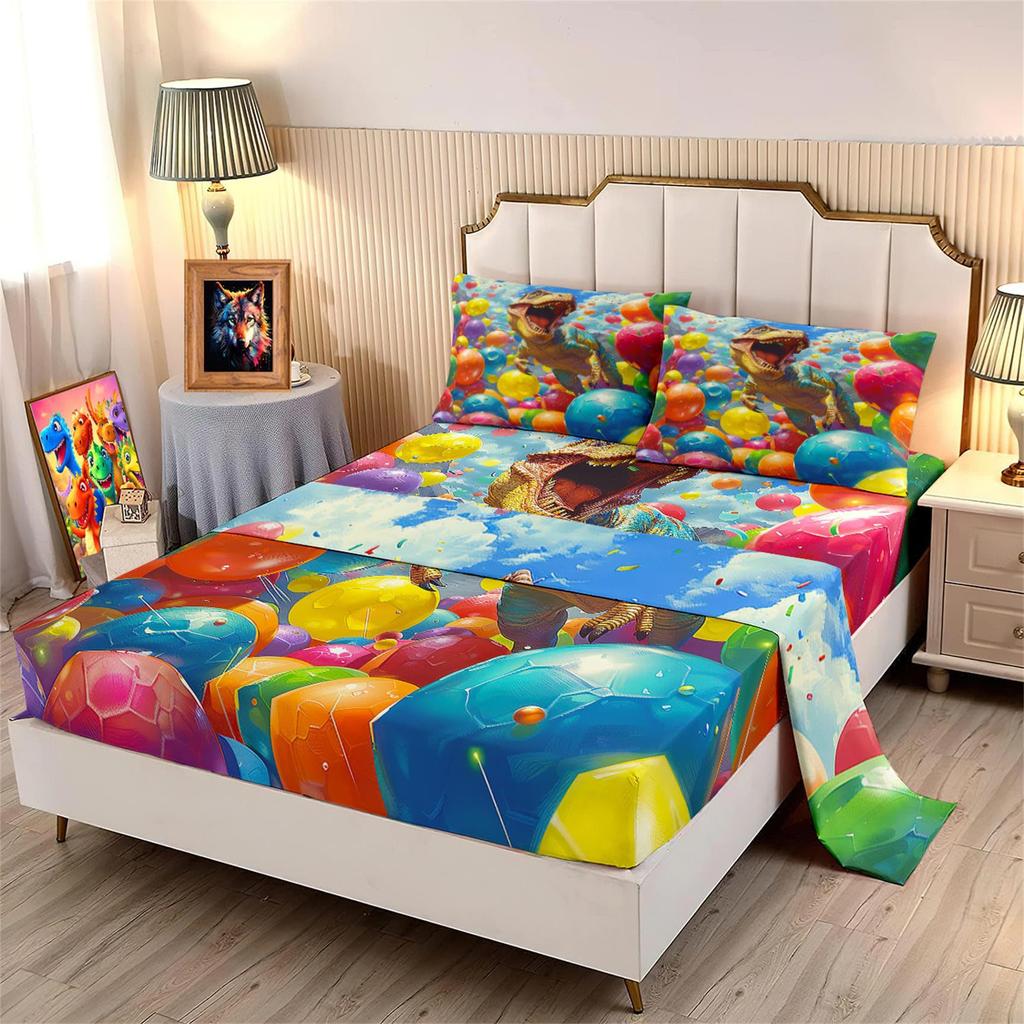 Cartoon Little Dinosaur Pattern Bed Hat Four-Piece Bedding Set Bedroom Dormitory Bedding Decoration