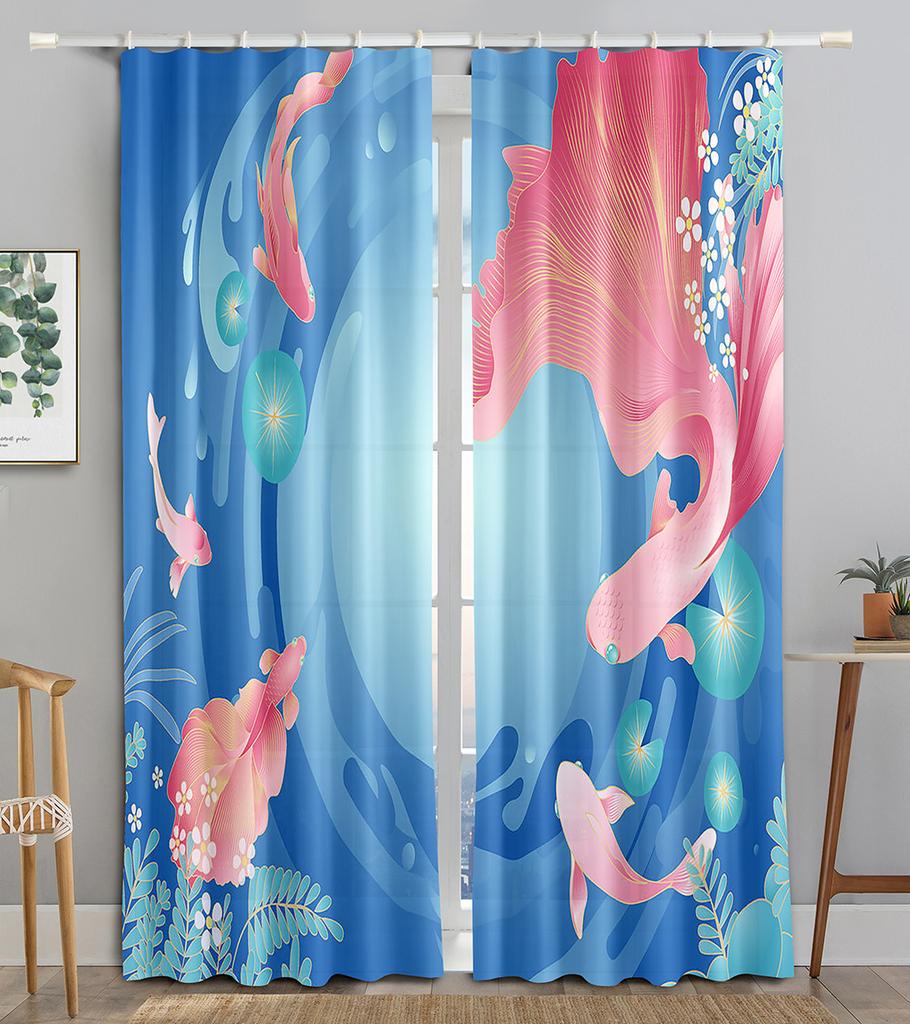 Chinese Tradtional Gold Fish Sea WaveBlackout Window Curtain for Living Room Bedroom Bathroom Kicthen Door Cupboard Decor Hooks