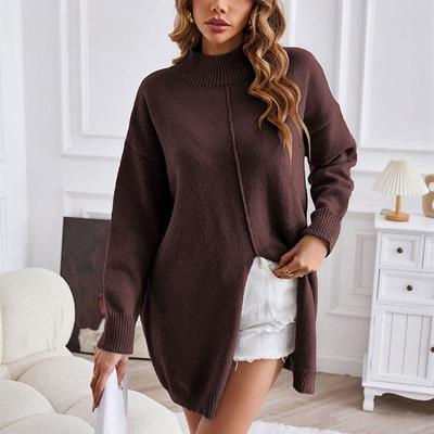 Winter Women's Sweater Solid Colour Half High Neck Pullover Knit Sweater Fashion Medium Long Split Sweater