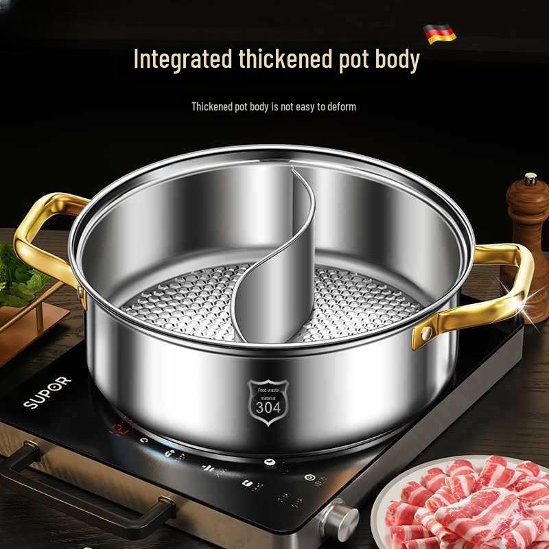Extra-Thick Stainless Steel Double-Flavored Hot Pot - Large Capacity Shabu-Shabu & Dry Pot