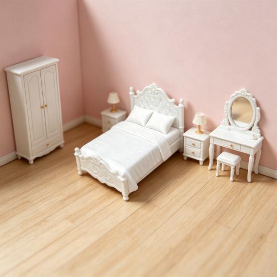 Retro Miniature Bed, Vintage Style Mini Double Bed, Miniature Furniture Tiny Bed for 1/12 Scale Doll Mansion Miniature Room Decoration