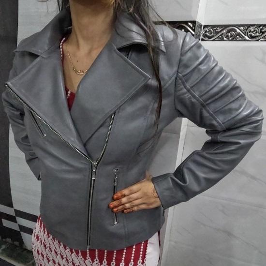 Noora Women's GREY Genuine Lambskin Leather Biker Jacket, Stylish Motorcycle Slim fit Leather Jacket, Clubbing Jacket for Movie Date, Gift Fr Winter