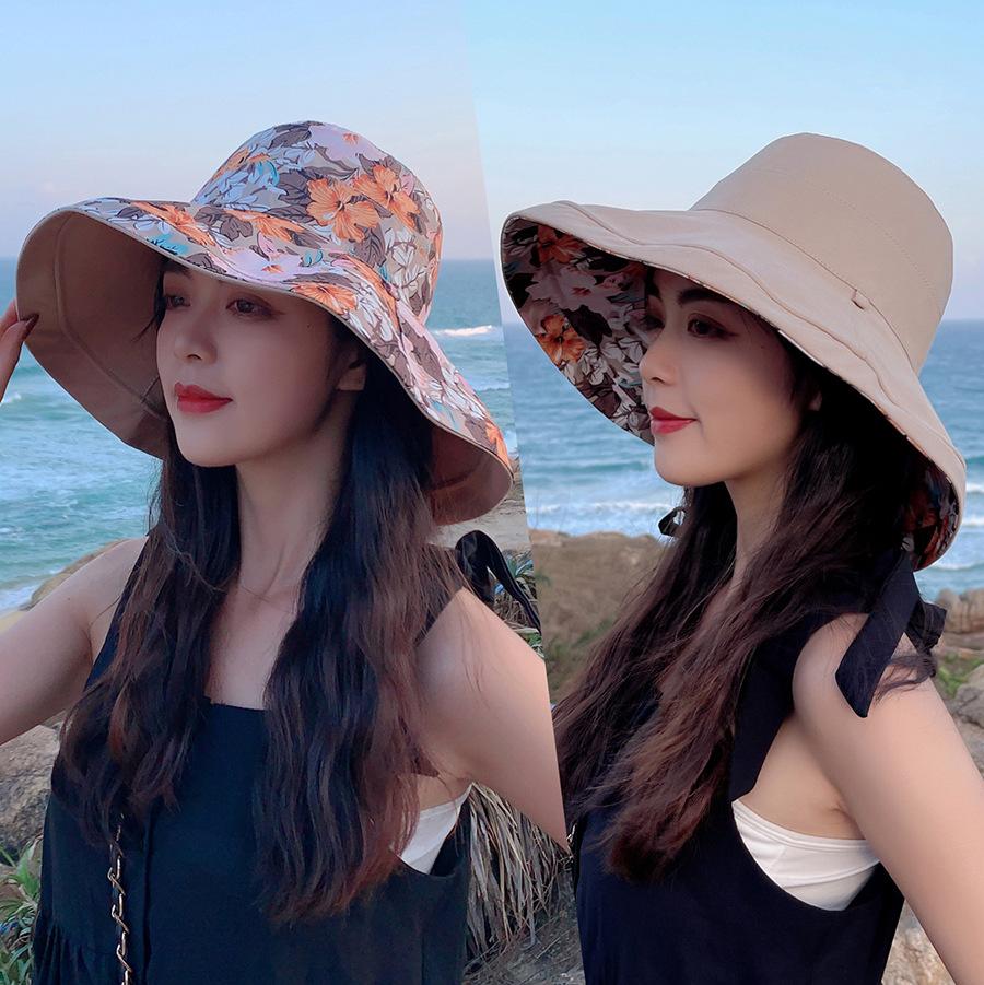 Large Brim Fisherman's Hat Double-sided Wearable Printed Cotton Shade Hat Temperament Versatility Female Spring Summer Sunscreen