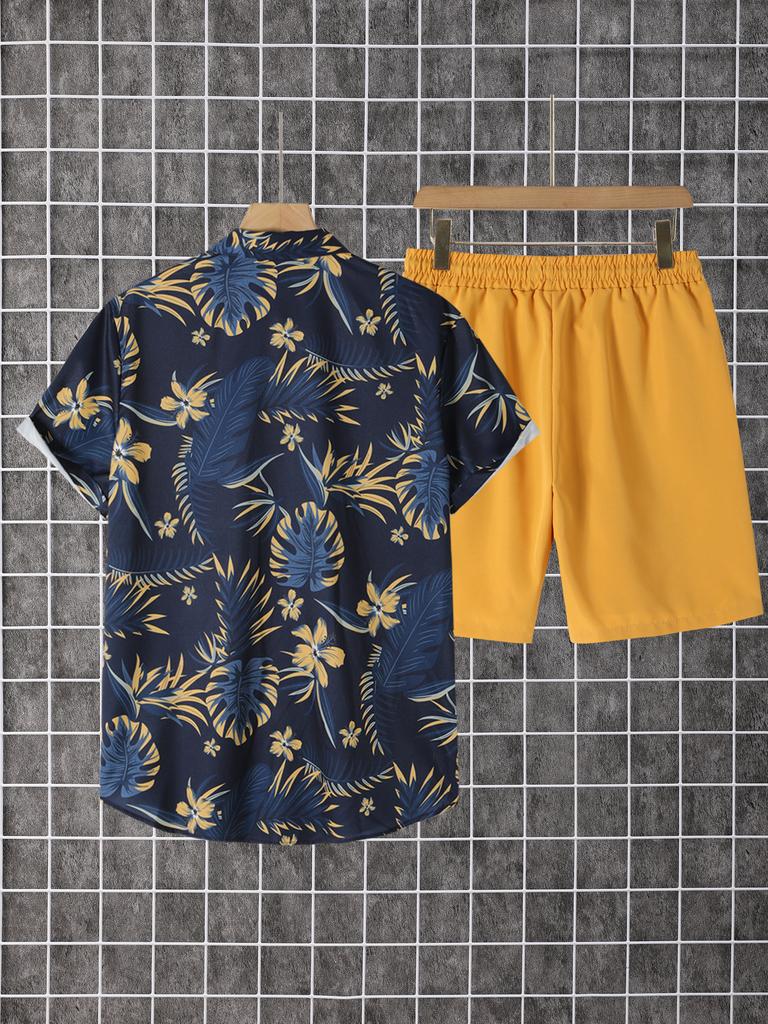 Summer 2-Piece Printed Men's Hawaiian Style Short-Sleeved Button-Down Shirt and Shorts Set