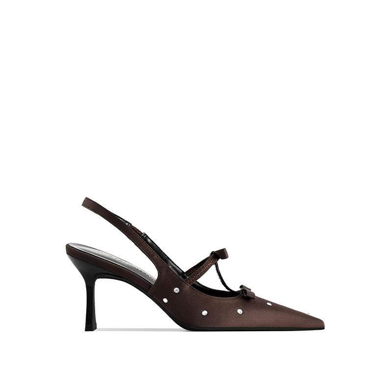 Luxury Sandals Women Designers Dot Rhinestone Bow Sexy Black High Heels Small Square Head Beautiful Light Mouth Backempty Shoes