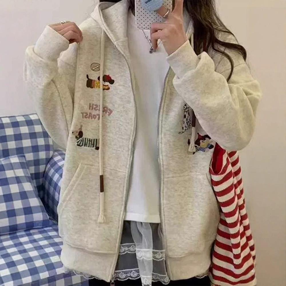 2025 Season New Popular Embroidered Cardigan Zipper Jacket Women's Korean Version Fat Mm Loose Large Size Hooded Sweater