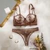 European and American Style Embroidered Mesh Erotic Underwear Set Perspective Flower Lace Bra Thong Pure Desire Wind Two-piece Set