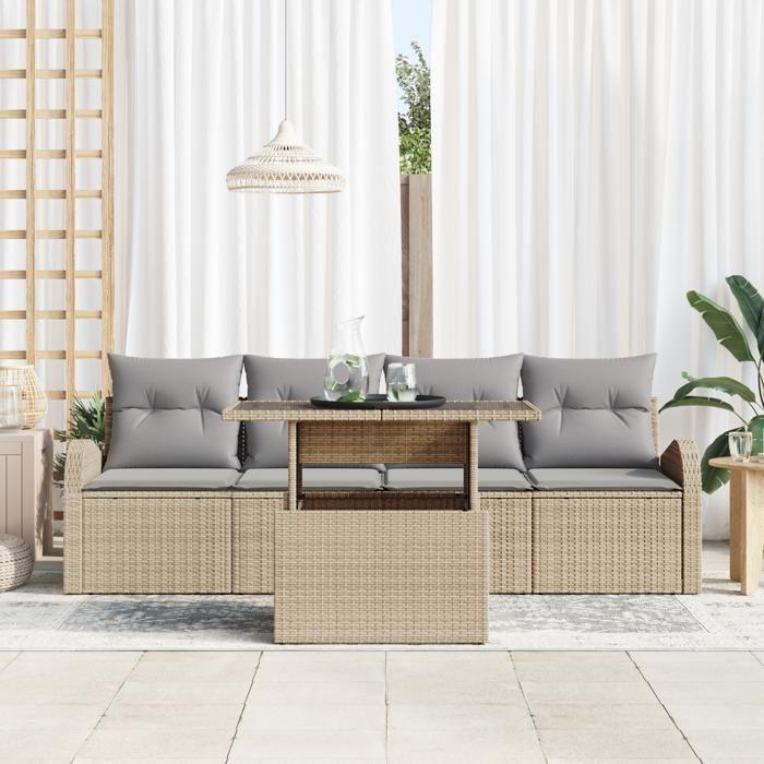 Ensemble de canapé de jardin 5 pièces avec coussins Beige Poly Rattan 3357283