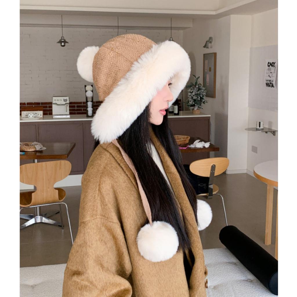 Plush Hat Lady Winter Big Head Circumference Bucket Hat Warm Mongolian Hat Cute Hairball Hat