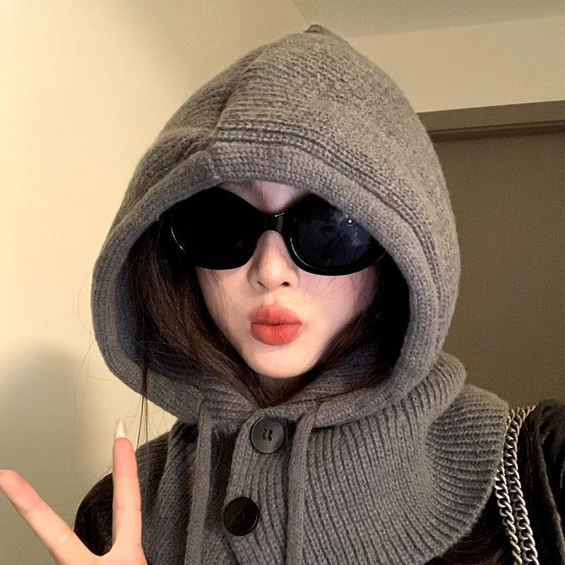 Korean Balaclava Hat for Women Winter Warm Hooded Scarf One Piece Knitted Woolen Hat Ear Protection Pullover Hat