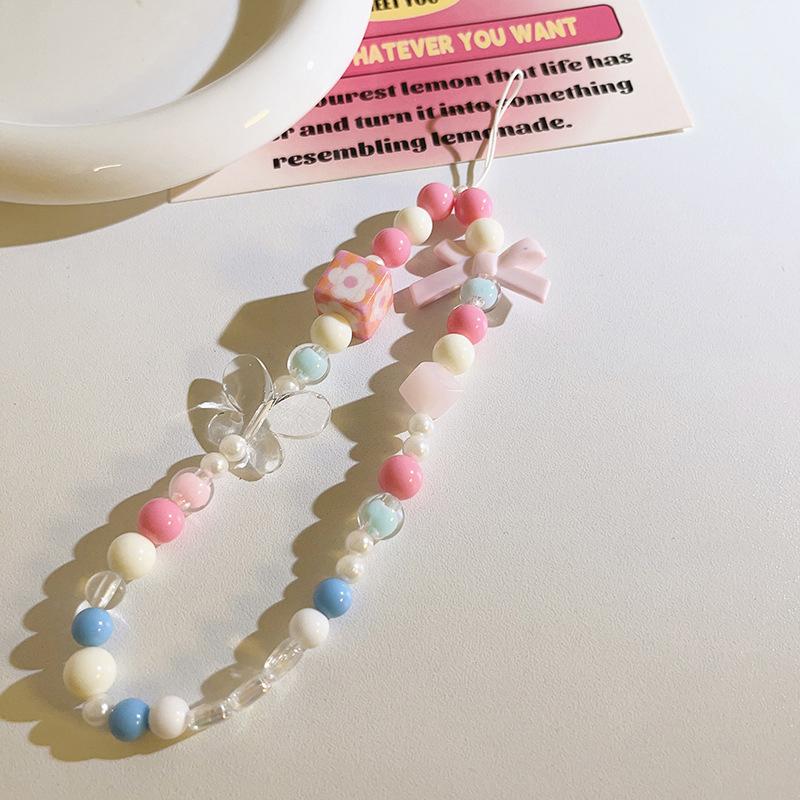 Søt Sløyfe Beaded Telefonkjeder Charm Girly Heart Sløyfe Beaded Lanyard Håndkjede Søt Hengende Ornament Nøkkelring Veske Tilbehør