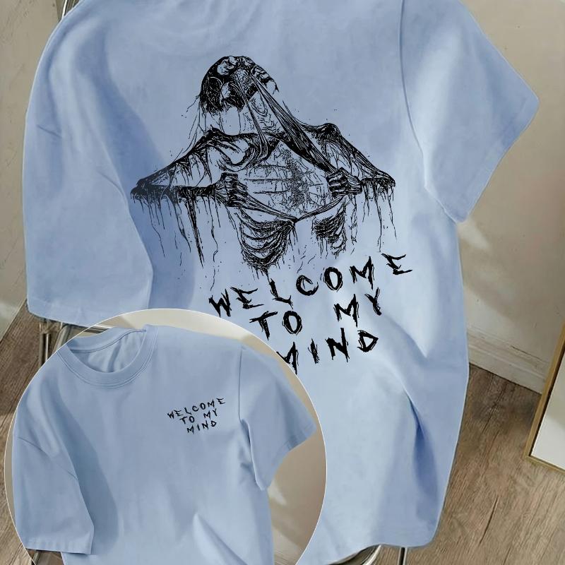 Cool Skull "WELCOME To MY MIND" Letter Print, Women's Round Neck Short Sleeve T-Shirt, Women's Athletic T-Shirt, Suitable for Daily Wear