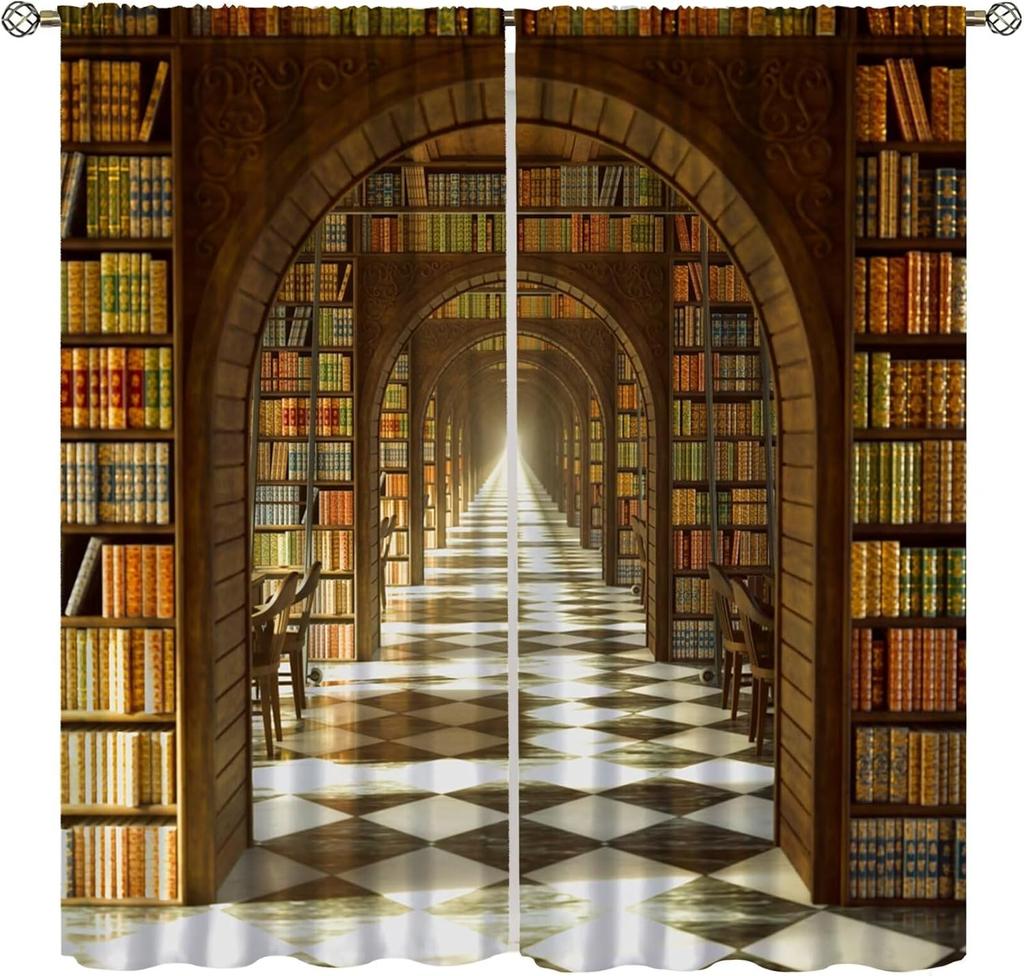Gothic Bookshelf Curtain Antique Bookcase Spooky Skull Magic Book Halloween Themed Decor Window Kids Teens Adults Curtains Made Of Polyester