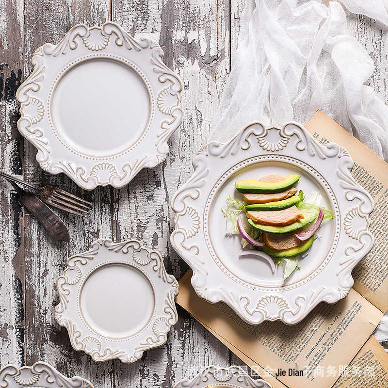 Nordic Retro Baroque Style Dinnerware Set: Embossed Plates and Bowls for Salad, Breakfast, Dessert, Pastry, and Steak.