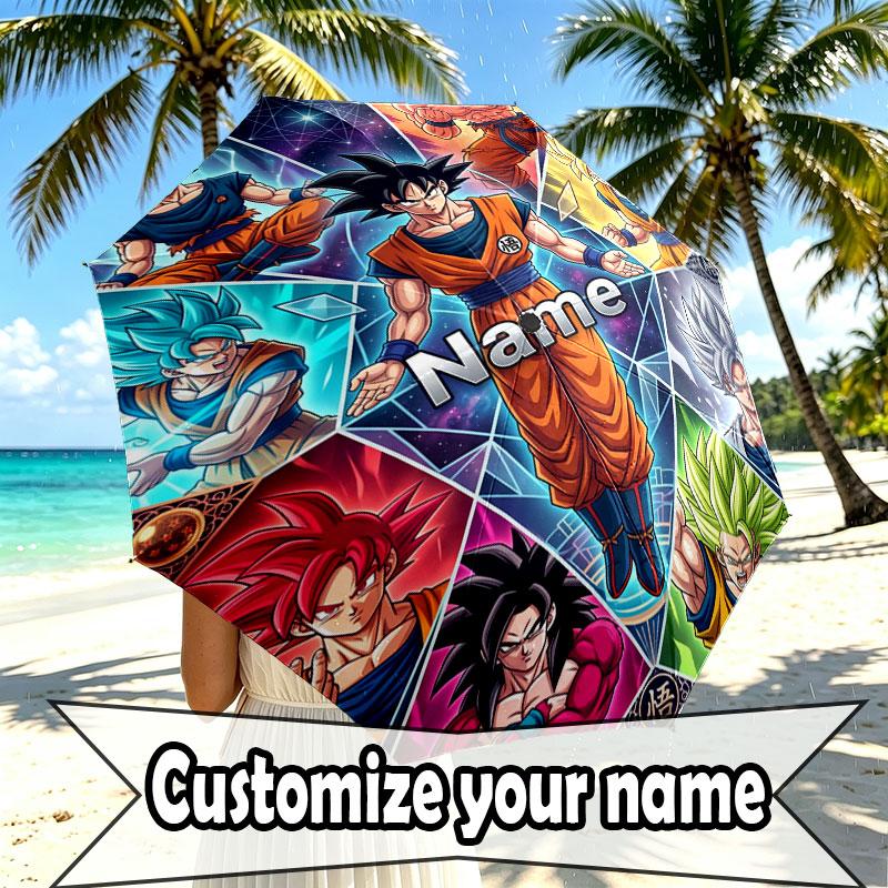 Custom Name Personalized Dragon Ball Z Print Umbrella, Auto Open Close, 8‑Rib Sturdy Frame, Commute Camping Hiking Use, Birthday Gift