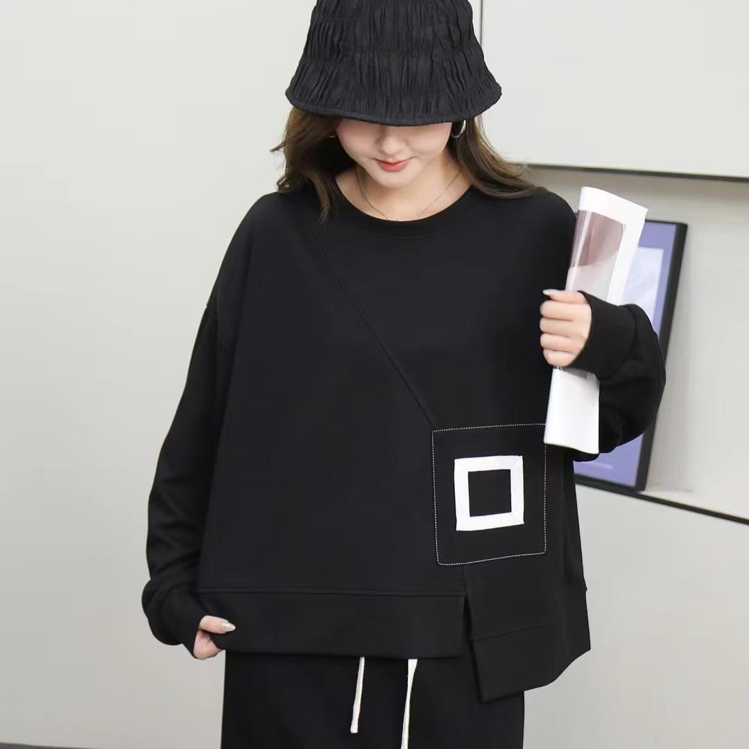 

Осенняя футболка Однотонная эластичная футболка Сращенная Женская с принтом Однотонная с длинным рукавом Свободные топы Футболки One Size чёрный