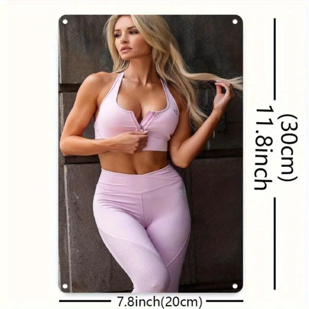 Hisun Tin Sign HD Metal Tin Sign Hot Blonde Model in Pink Sportswear Retro Metal Wall Art for Gym Decor x Inch